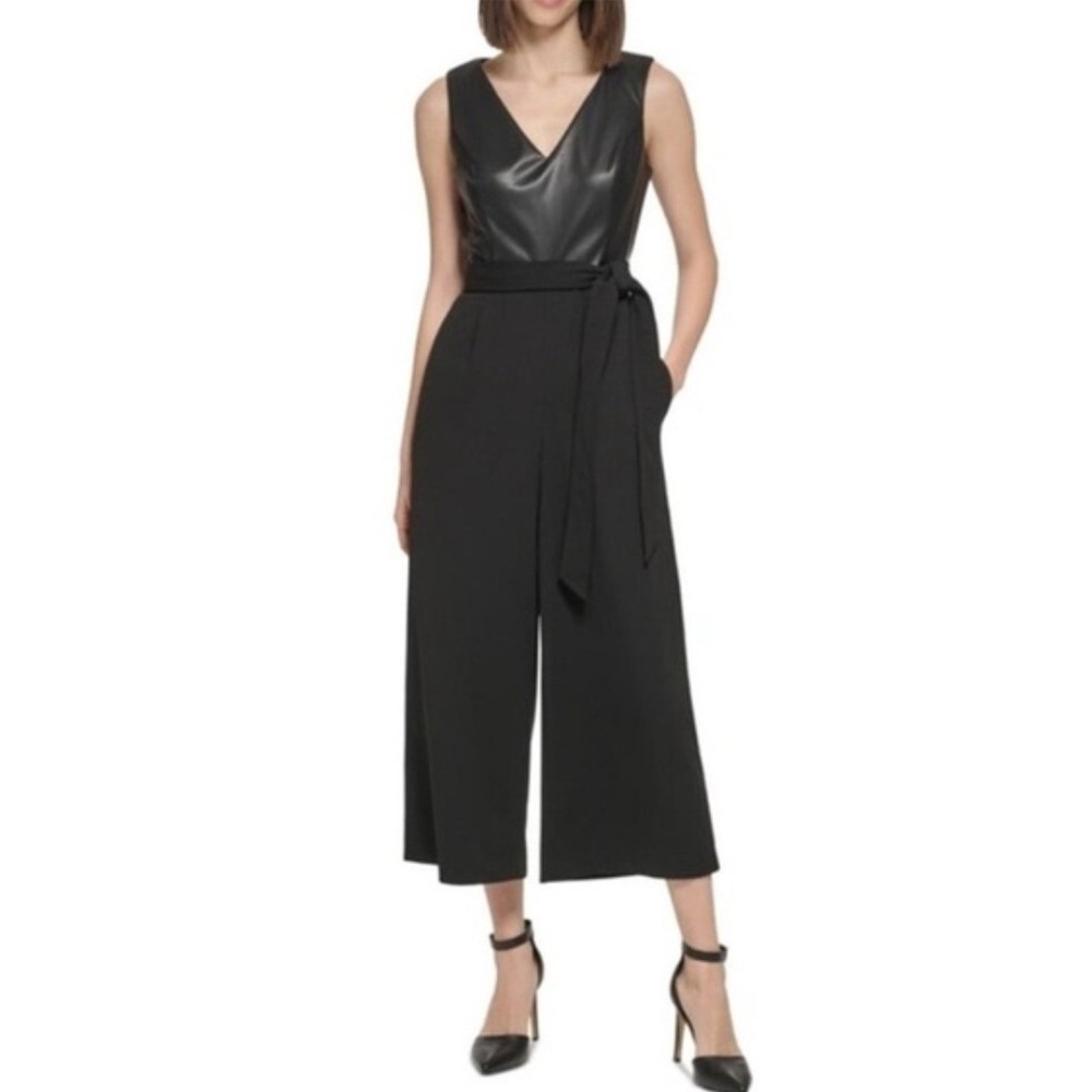 Calvin Klein Womens Minimalist Chic Faux Leather Wide Leg Jumpsuit Size 12 Black
